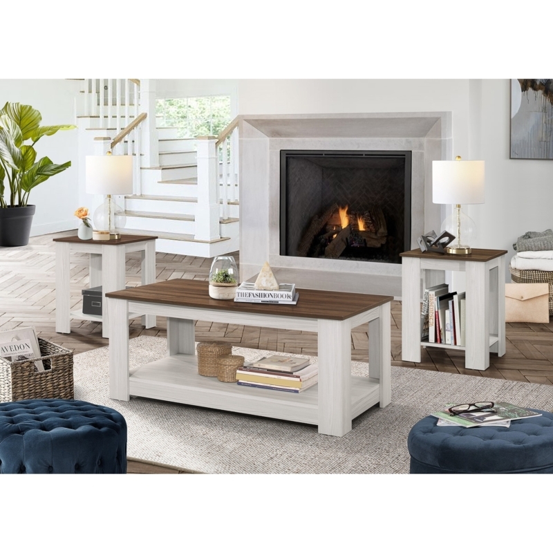 Coffee Table Set with Open Lower Shelf, Two-Tone Finish & Block Legs