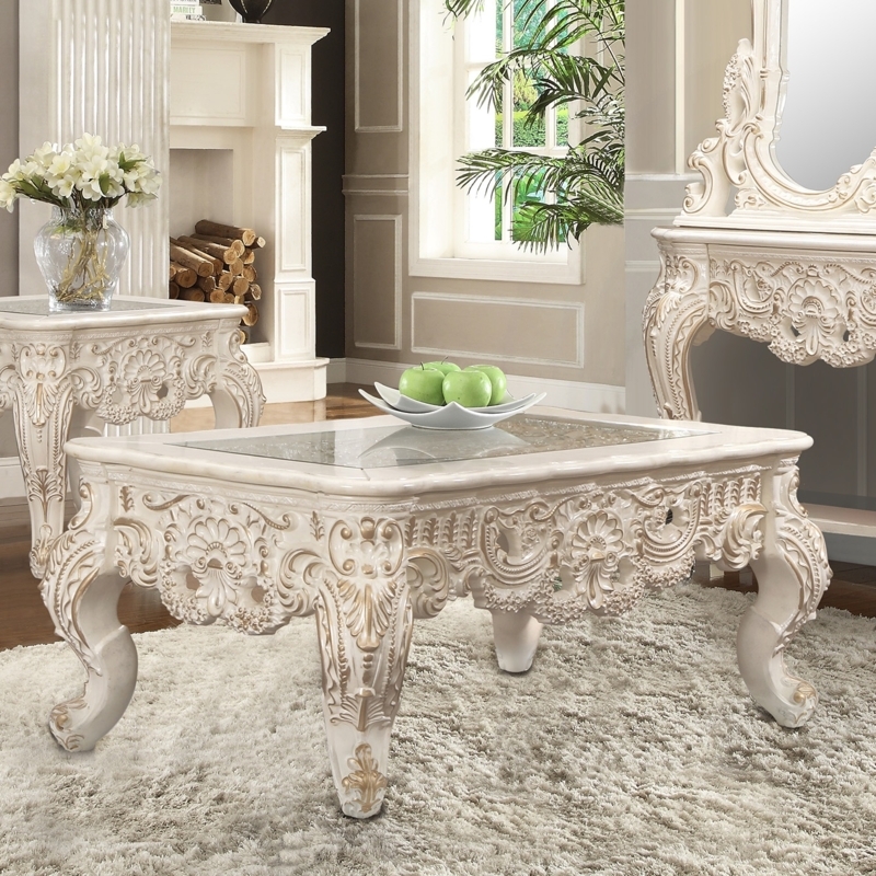 Coffee Table Set with Ornate Carvings, Rococo Cabriole Legs & Glass Tops