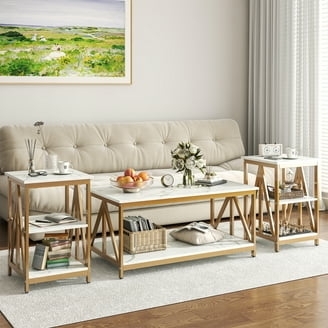 Coffee Table Set with Truss-Style Legs, Gold Metal Frame & Two-Tier