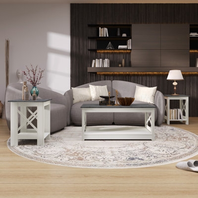 Coffee Table Set with X-Frame Sides, Two-Tone Finish & Open Shelving
