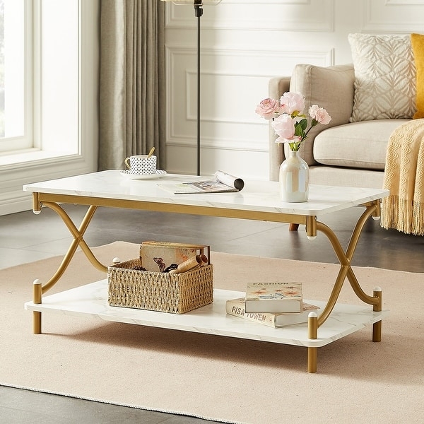 Coffee Table, Two-Tier with Curved X-Legs & Gold-Toned Frame