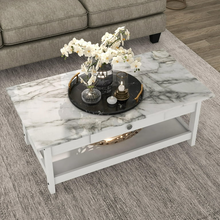 Coffee Table with Cutout Side Panels, Marble-Veined Top & Open Shelf
