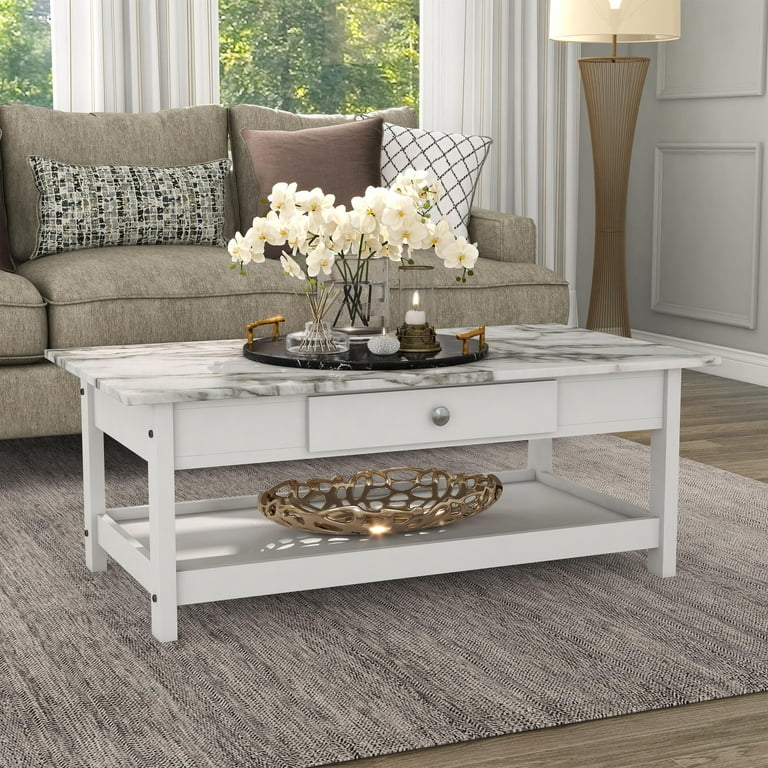 Coffee Table with Integrated Drawer, White Stone-Like Top & Lower Shelf
