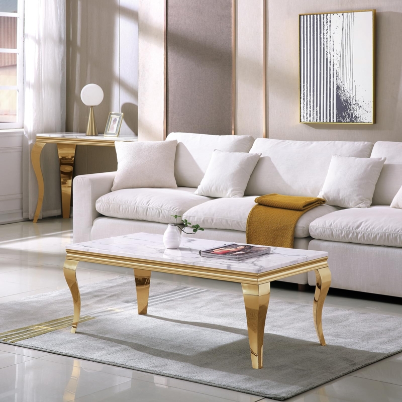Coffee Table with Marble Patterned Top & Gold Cabriole Legs