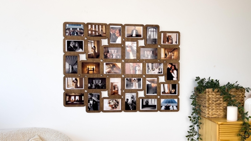 Collage Frame, Medium Brown Wood Interlocking Design, Large Capacity.