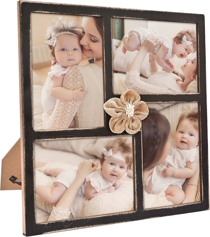 Collage Picture Frame Burlap Flower Accent Distressed Finish Decor