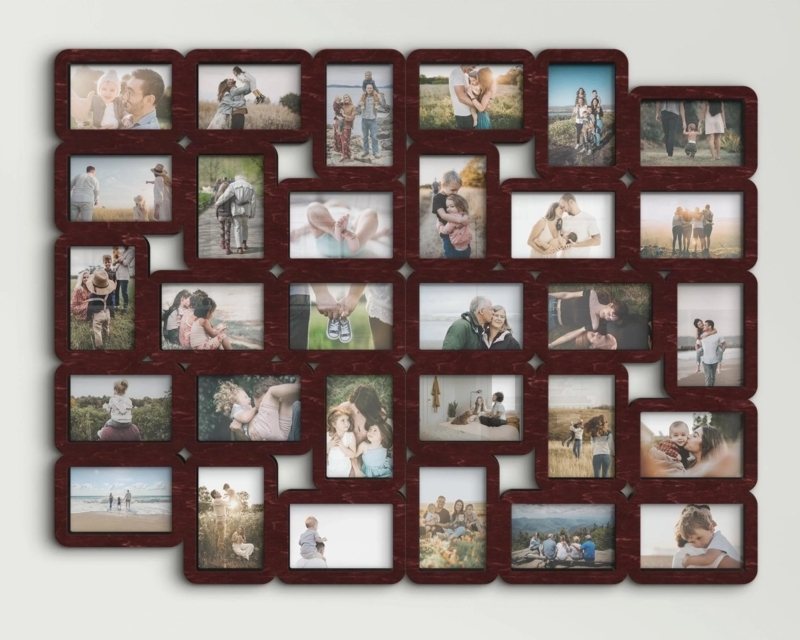 Collage Picture Frame, Dark Brown Wood 30-Opening Asymmetric Grid Layout.