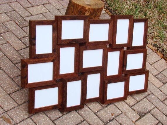 Collage Picture Frame Dark Stained Wood Weathered Staggered Layout