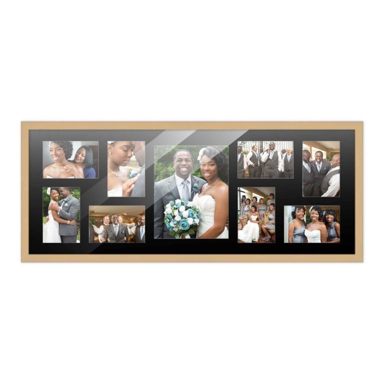 Collage Picture Frame, Light Wood Panoramic 9-Opening with Black Mat.