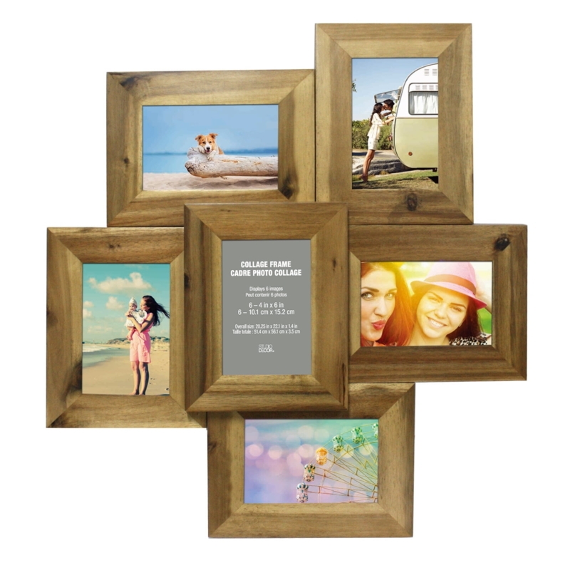 Collage Picture Frame Natural Wood Six-Opening Staggered Layout