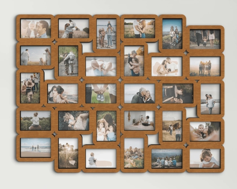 Collage Picture Frame, Orange Wood 30-Opening Interlocking Puzzle Design.