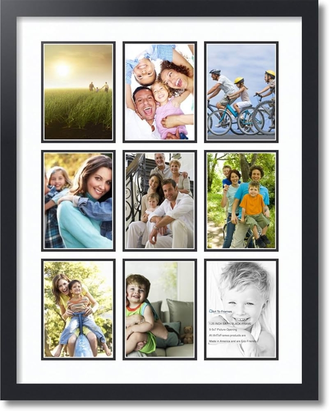 Collage Picture Frame, Satin Black 9-Opening Grid with Double Matting.