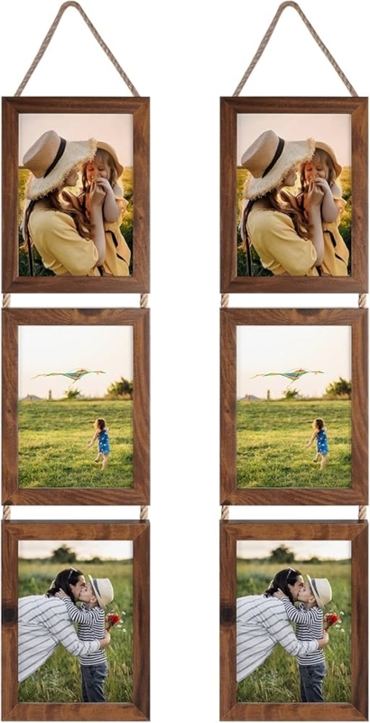 Collage Picture Frame Walnut Finish Rope Suspended Rustic Style