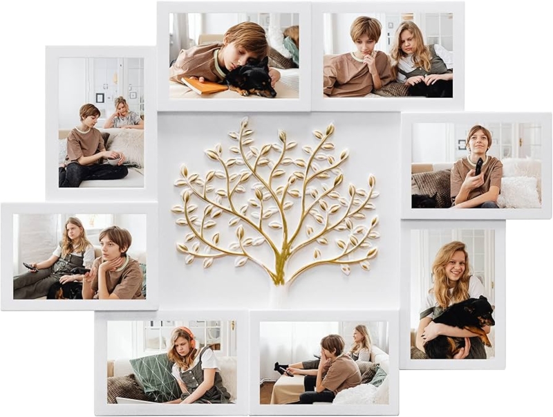 Collage Picture Frame, White 8-Opening with Gold Central Tree Design.