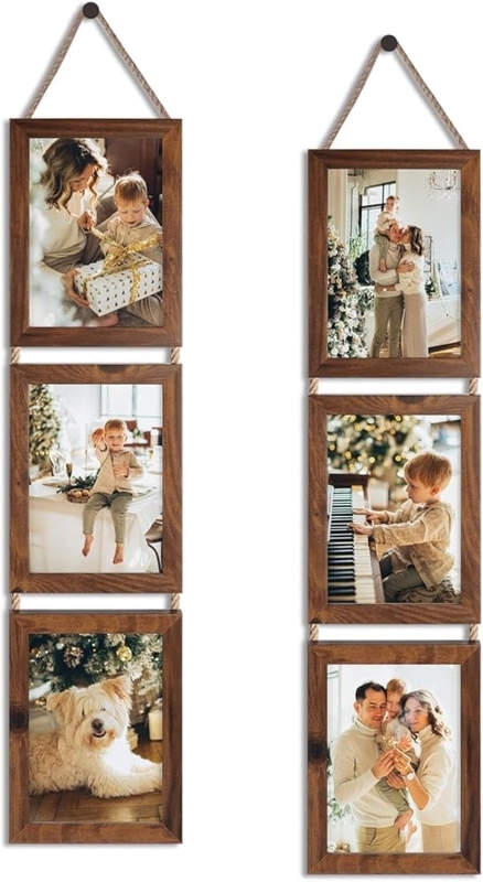 Collage Picture Frames Rope Suspended Three Tier Walnut Brown Farmhouse