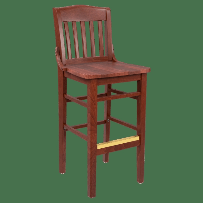 Commercial Mahogany Bar Stools Vertical Slat Back Kick Plate