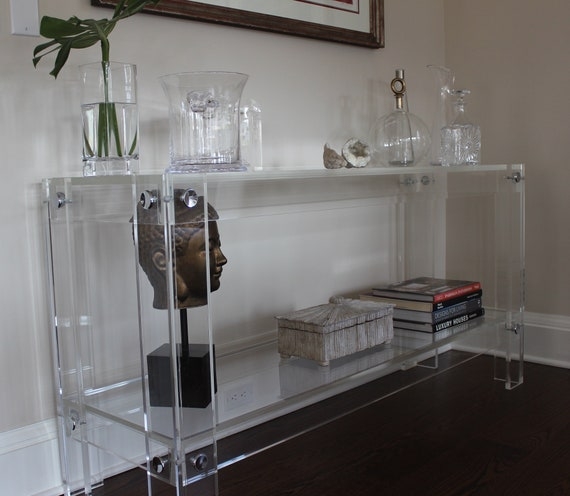 Console Table, Acrylic 'Button Line' Hardware with Lower Shelf.