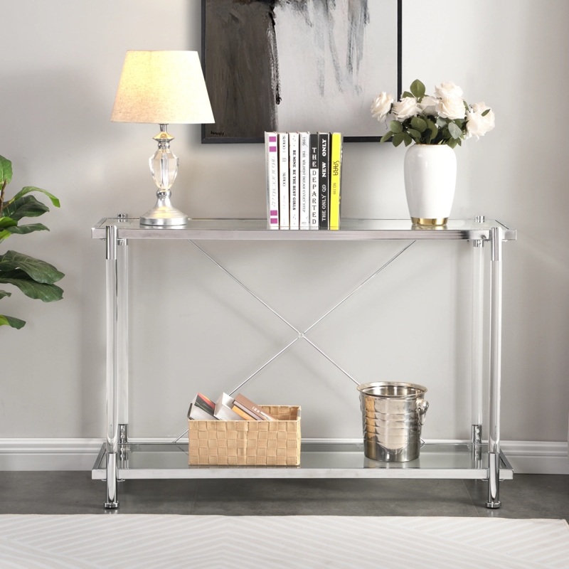 Console Table Acrylic Legs X-Back Brace Chrome Glass