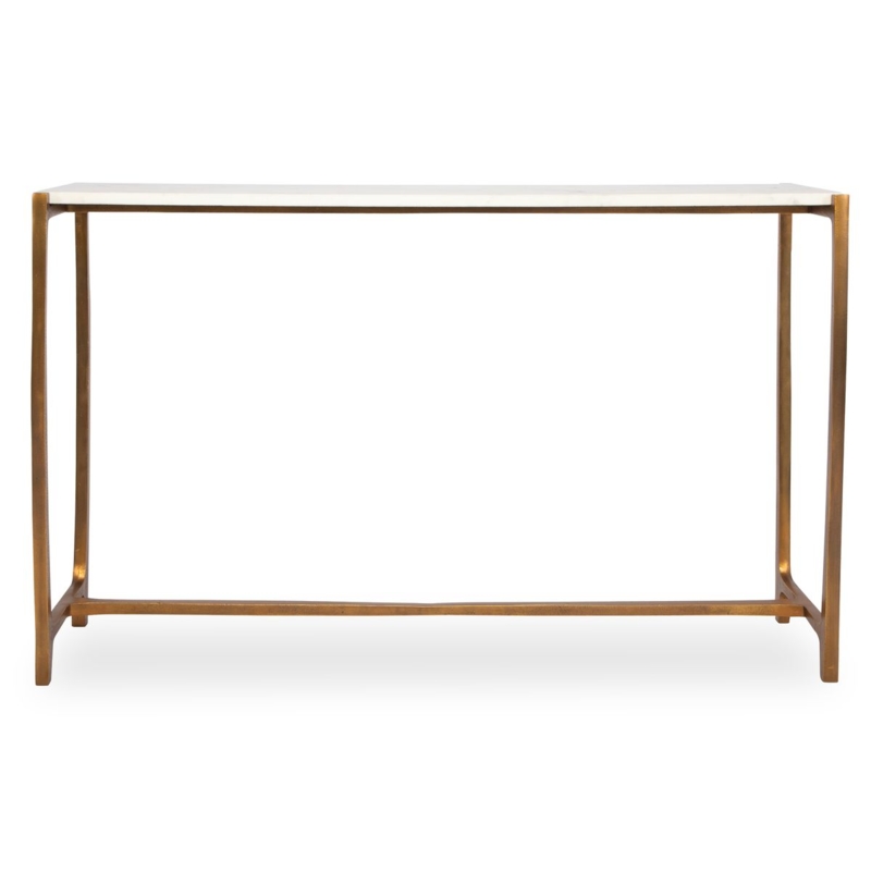 Console Table Antique Brass Finish Stone Like Top Slim Profile Glam