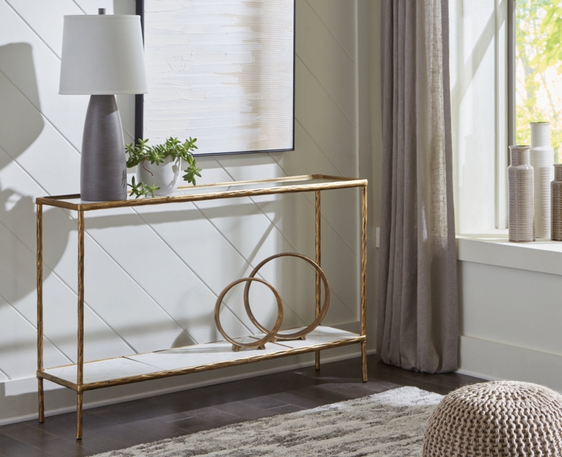 Console Table, Antique Brass Frame, Glass Top & Stone Bottom Shelf