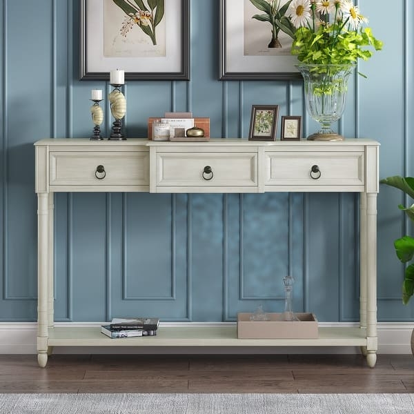 Console Table Antique White Ring Pulls Three Drawers Traditional