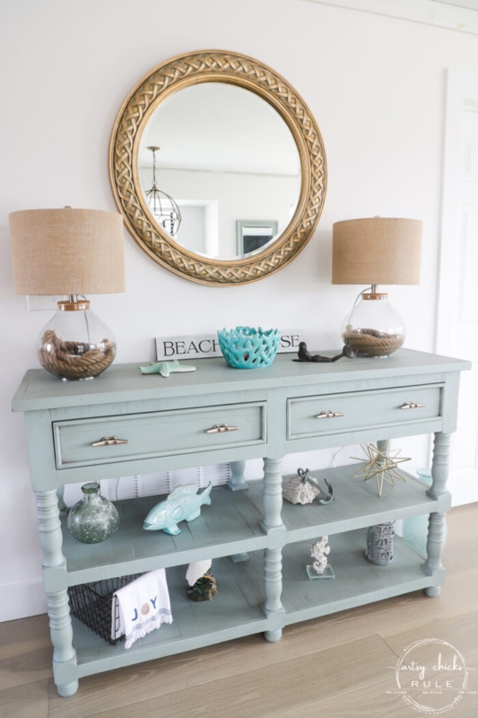 Console Table Aqua Color Three Tier Spindle Legs Storage Drawers