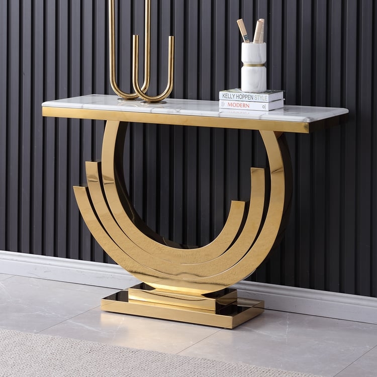 Console Table Arched Design Polished Metal Stone Look Top Narrow