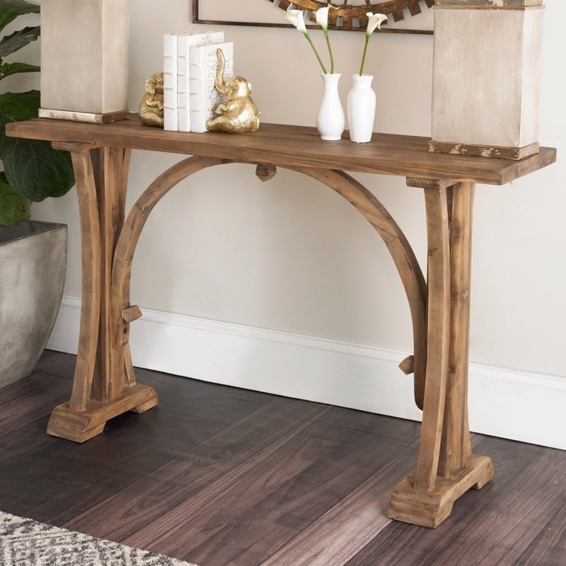 Console Table Arched Frame Distressed Natural Wood Trestle Base