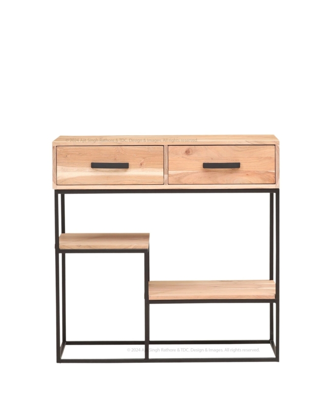 Console Table Asymmetrical Shelves Slim Metal Frame Two Wood Drawers
