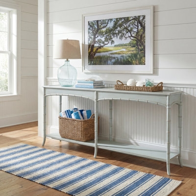 Console Table Bamboo Detailing Open Lower Shelf Pale Blue Coastal Chic