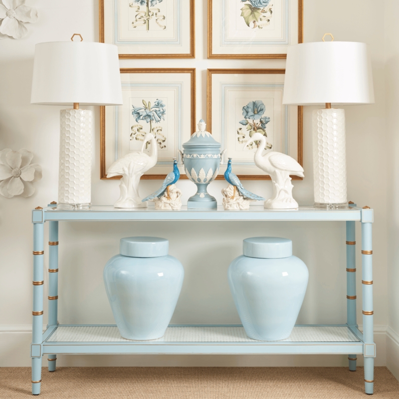 Console Table Bamboo Style Frame Powder Blue Gold Accents Two Tier Glass Top