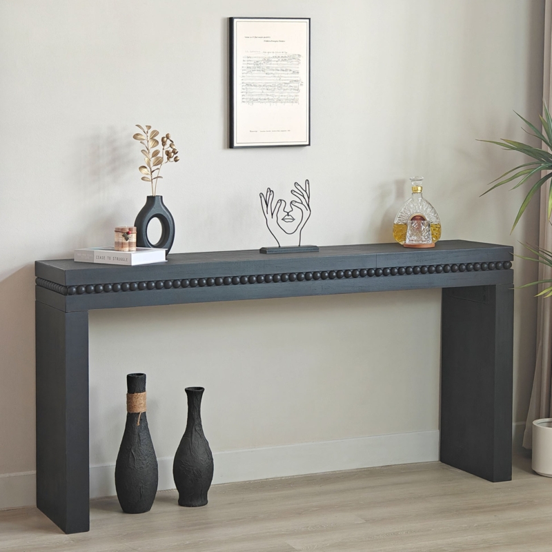 Console Table Beaded Apron Distressed Black Transitional Long