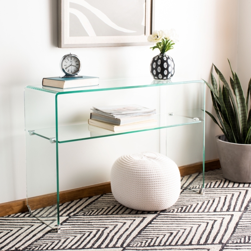 Console Table, Bent Glass Two-Tier Waterfall with Metal Clips.