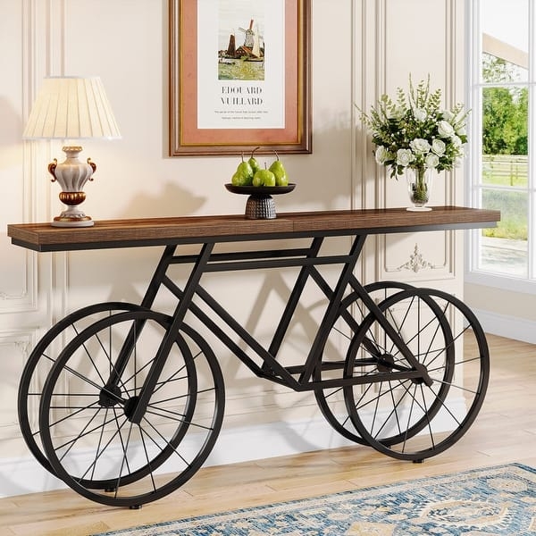 Console Table Bicycle Base Industrial Metal Wood Spoked Wheels