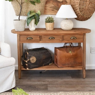Console Table Bin Pulls Weathered Wood Three Drawers Antique Finish