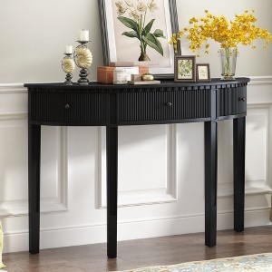 Console Table Black Demilune Shape Ribbed Drawers Transitional Entryway