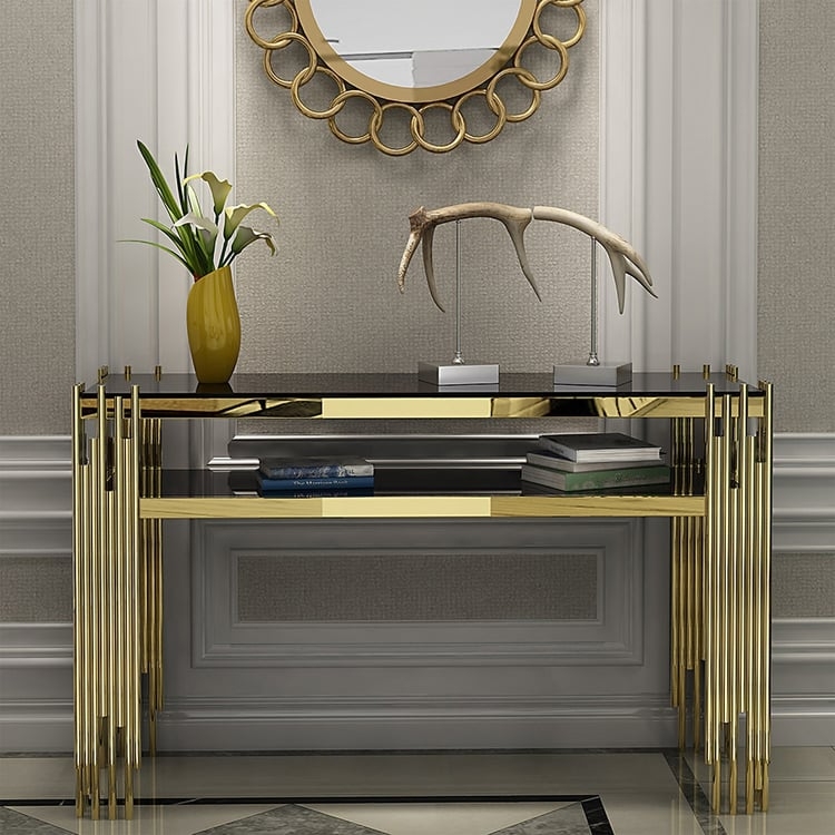 Console Table Black Faux Marble Fluted Gold Legs Tiered Design Glam