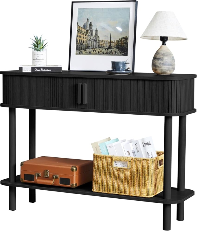 Console Table Black Fluted Front with Mid-Century Entryway Storage