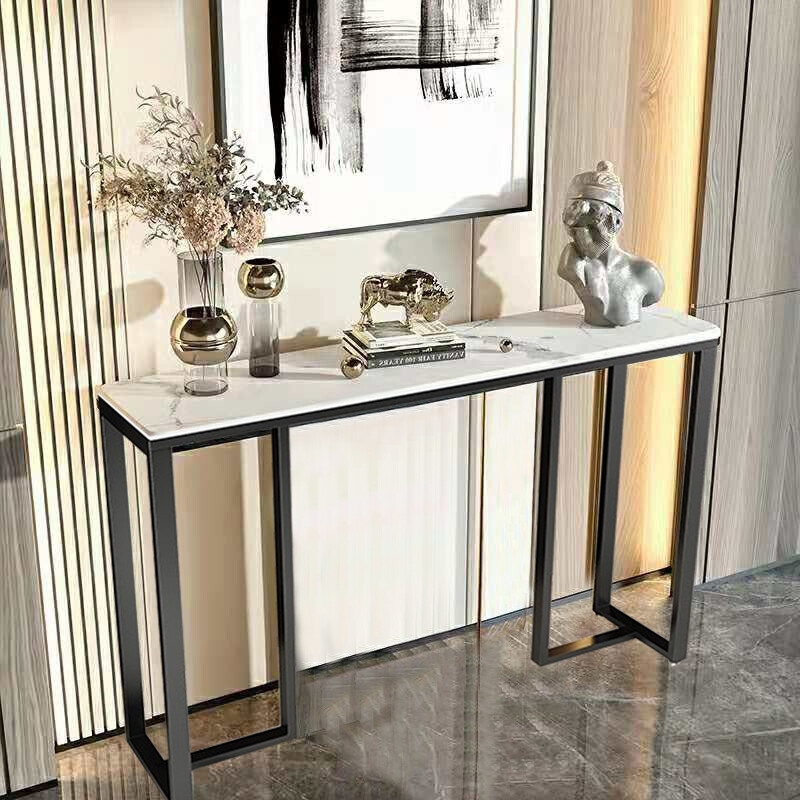 Console Table Black Geometric Open Frame Slim Profile Marbled Top
