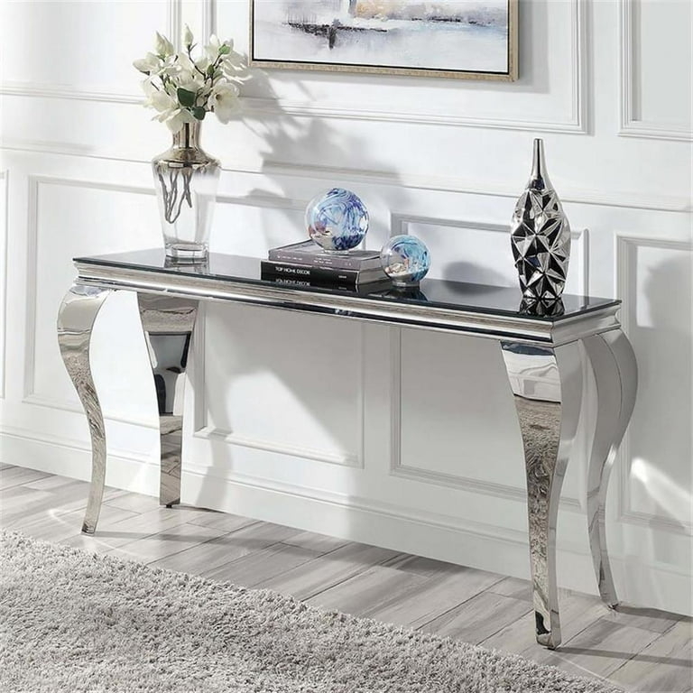 Console Table Black Glass Top Polished Silver Curved Legs Glam