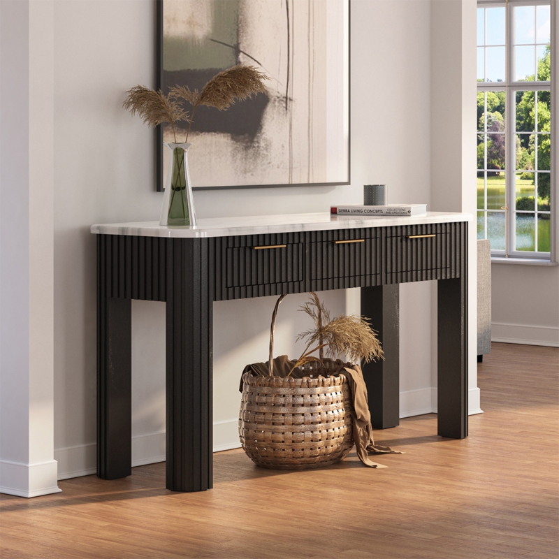 Console Table Black Marble Top Fluted Front Modern Black Fluted Console