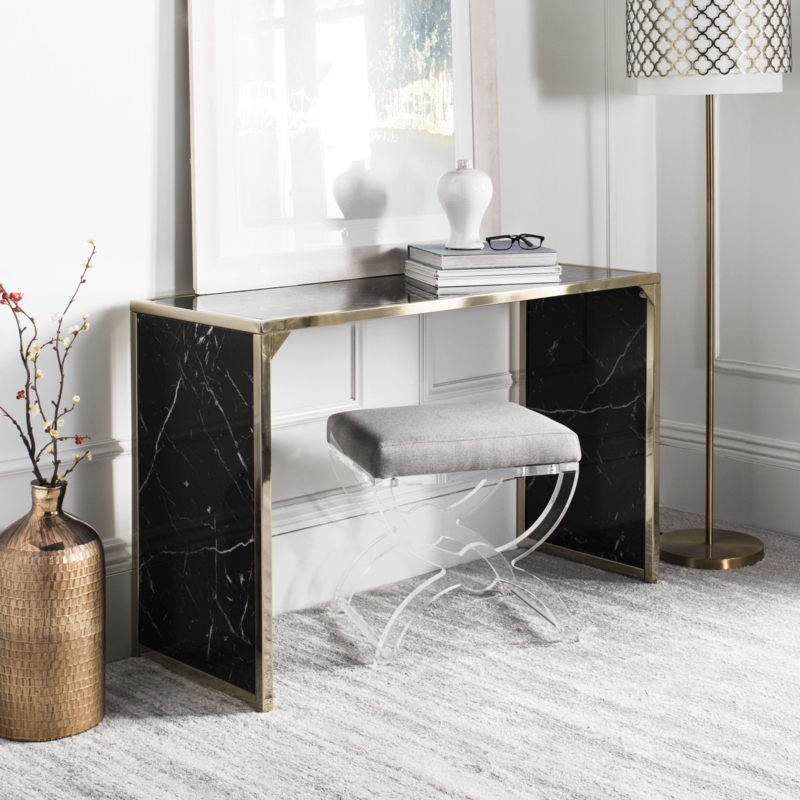 Console Table Black Marbled Panels Gold Frame Acrylic Stool Pairing