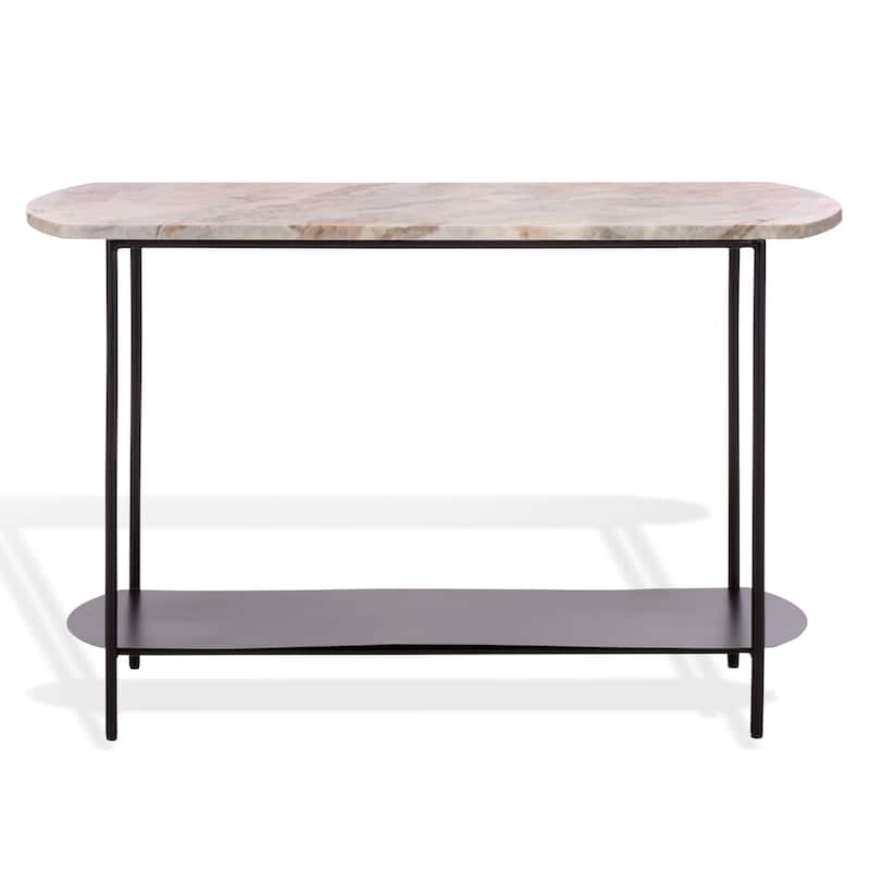 Console Table Black Metal Oval Stone Top Integrated Shelf Minimalist