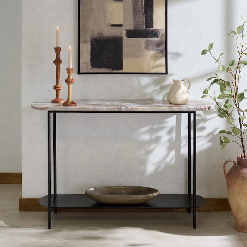 Console Table Black Metal Tiered Design Oval Stone Top Styling