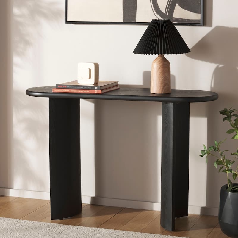 Console Table Black Oval Top Sculptural Pillar Legs Minimalist Styling