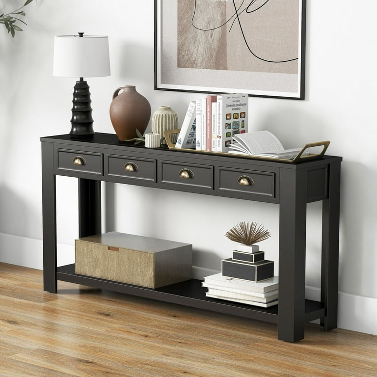 Console Table Black Sixty Inch Length Brass Cup Pulls Entryway Storage
