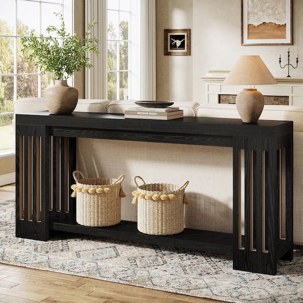 Console Table Black Slatted Side Panels Extra Long Behind Sofa Styling