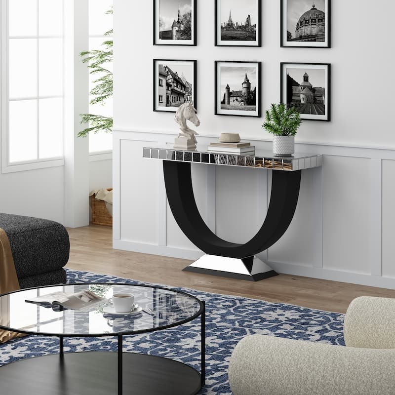 Console Table Black Wood U-Shaped Base Mirrored Top Contemporary