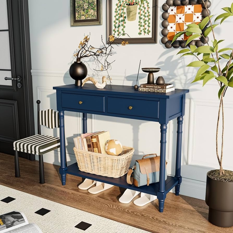 Console Table Brass Knobs Turned Legs Two Drawers Transitional Entryway