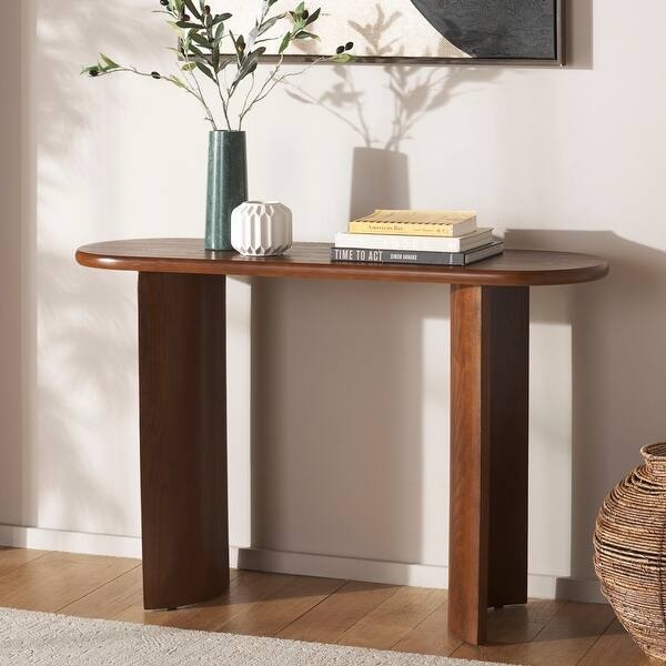 Console Table Brown Wood Curved Pedestal Legs Oval Top Organic Style